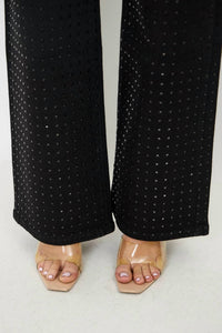 Kiwi - Rhinestone High Waisted Stretch Wide Leg Denim Pants