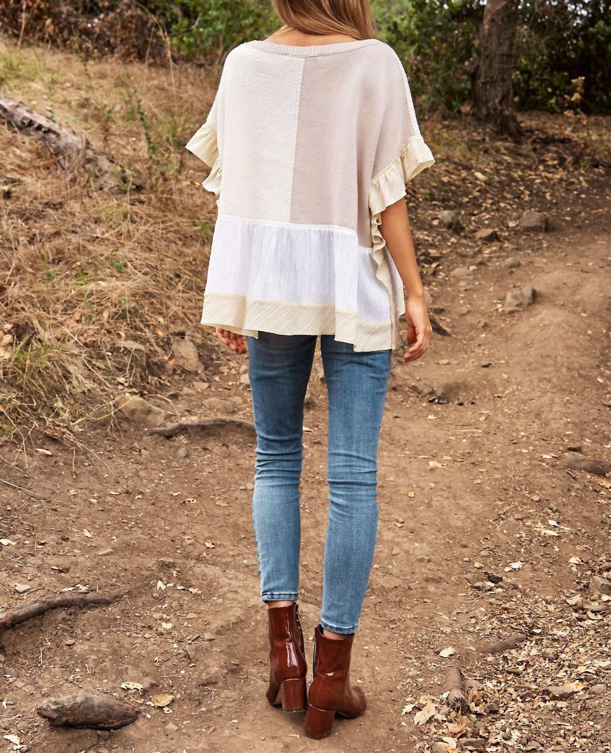 Davi & Dani - Mix Match Textured Ruffle Detail Sweater Top