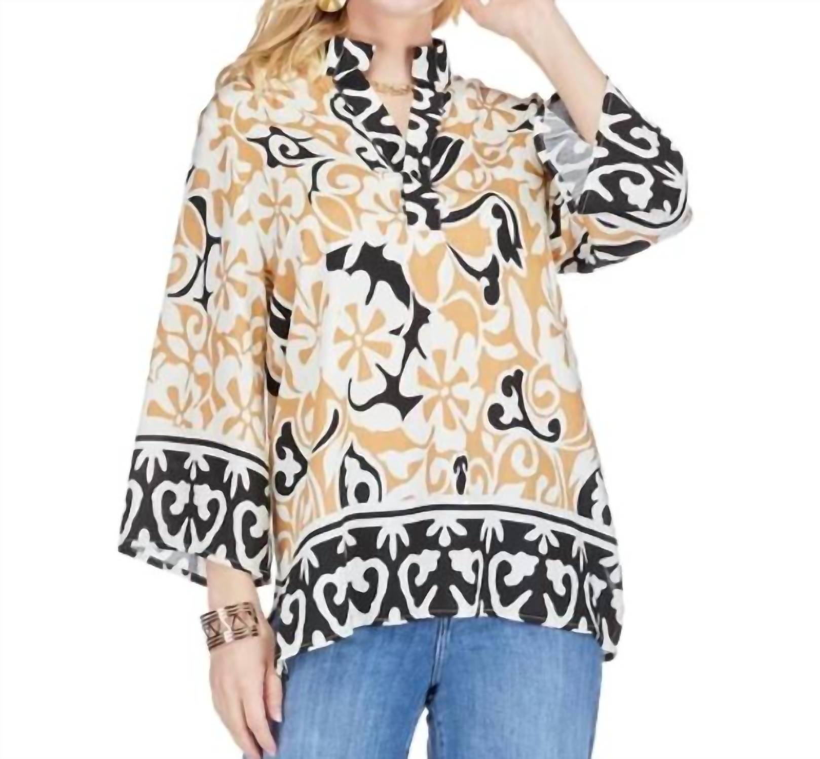 Jade Placket Tunic in ethnic border - women's shirt