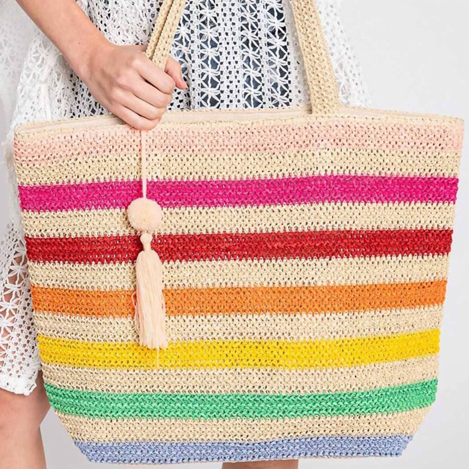 3Am By H&D Accessories - Women's Pom Pom Tassel Rainbow Striped Straw Crochet Tote Bag
