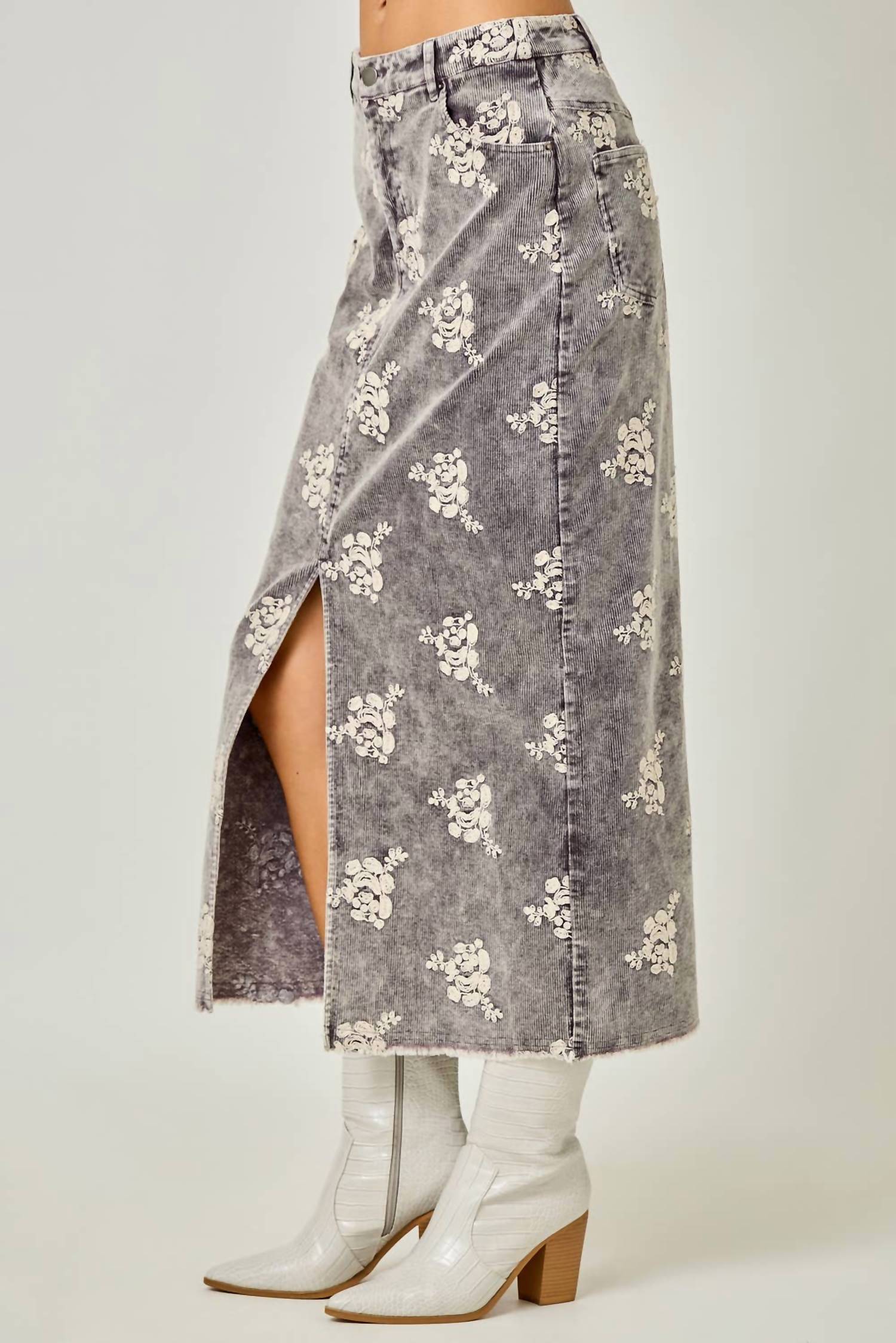 Mystree - Embroidered Front Slit Corduroy Midi Skirt