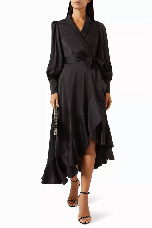 Tea & Cup - Ruffle Hem Wrap Midi Dress