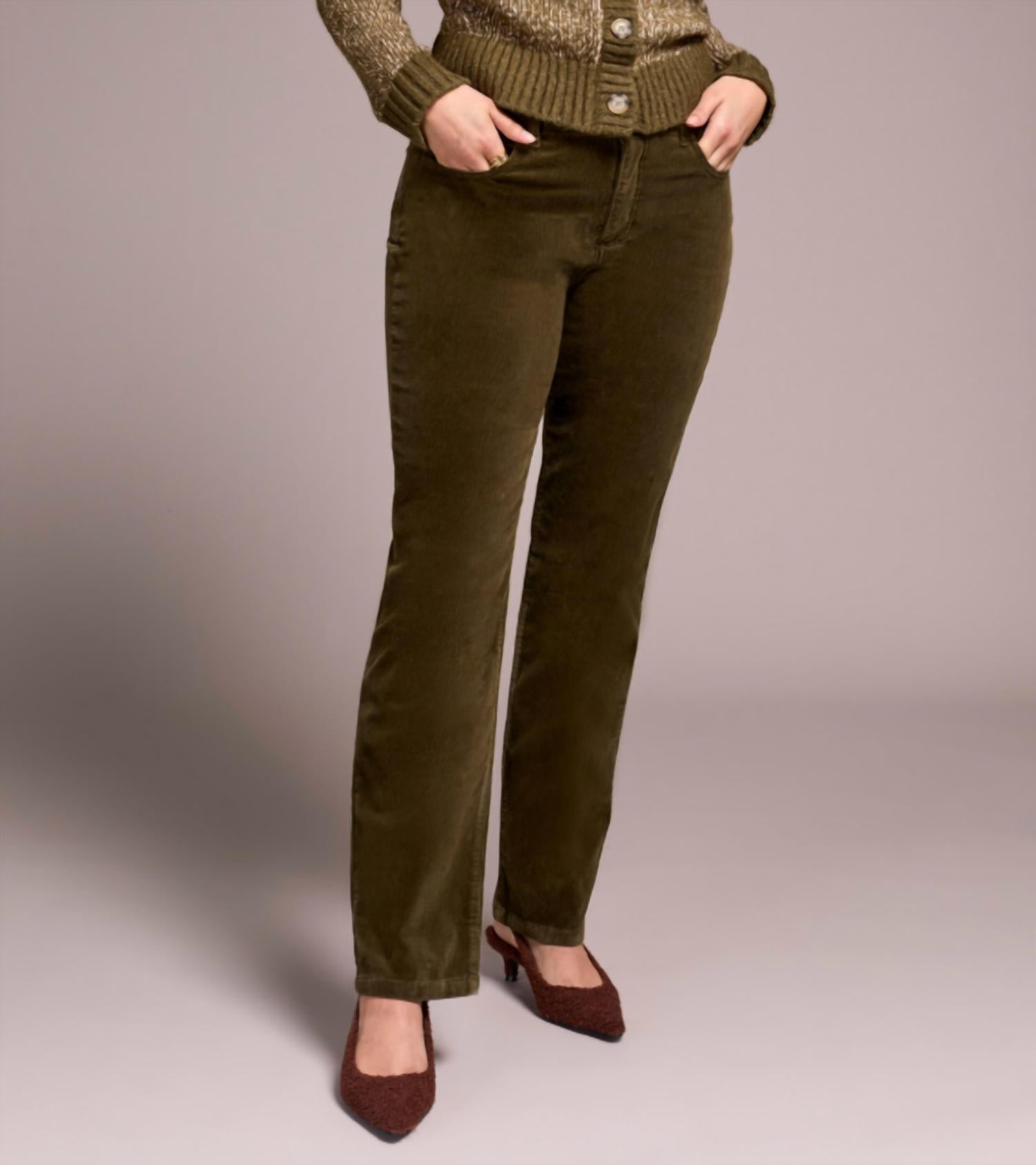 TRIBAL Fly Front 5 Pocket Pant in ivy - women's pants - detail view