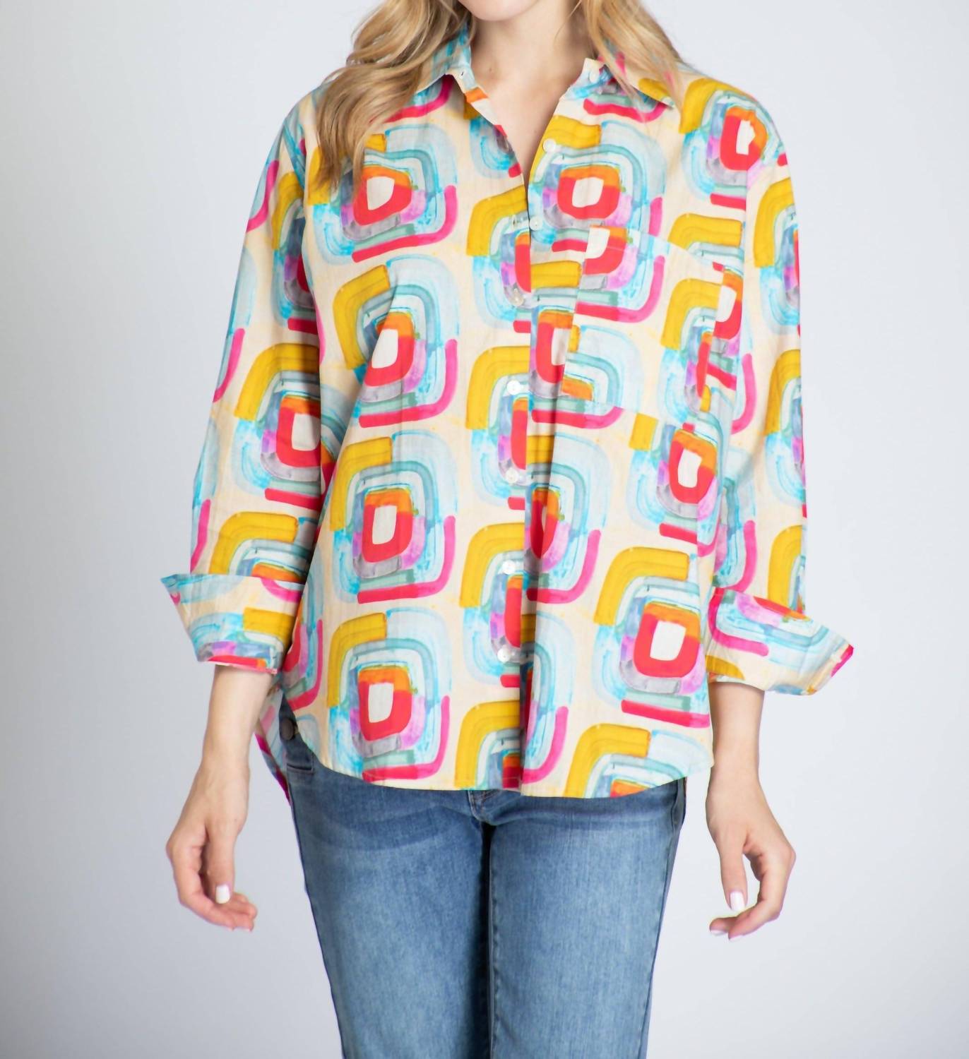 APNY Blocks Of Color Print Button-up Shirt in multi - women's shirt