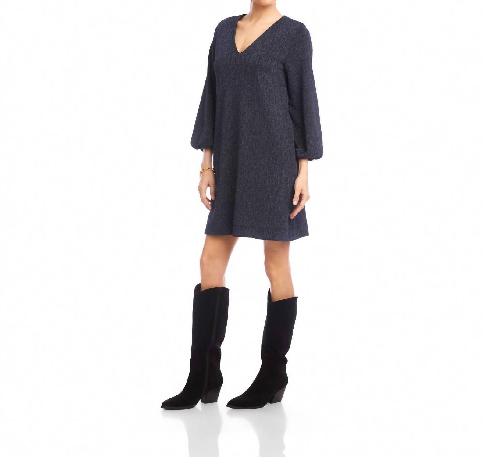 Karen Kane Blouson Sleeve Metallic Knit V-Neck Dress in navy - women's dress