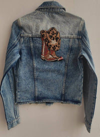Tiana Designs - Women's Cowboy Boots And Hat Cropped Denim Jacket