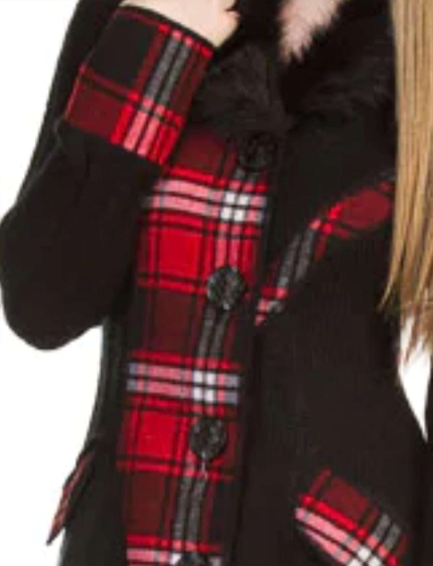 Papillon - Plaid Patch Long Duster Jacket With Fur Collar