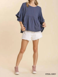 Umgee - Gauze Round Neck Short Bell Sleeve Babydoll Top
