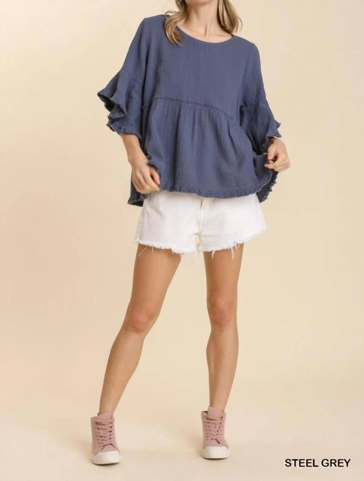 Umgee - Gauze Round Neck Short Bell Sleeve Babydoll Top