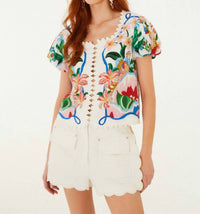 Farm Rio - Garden Of Life Scarf Short Sleeve Blouse