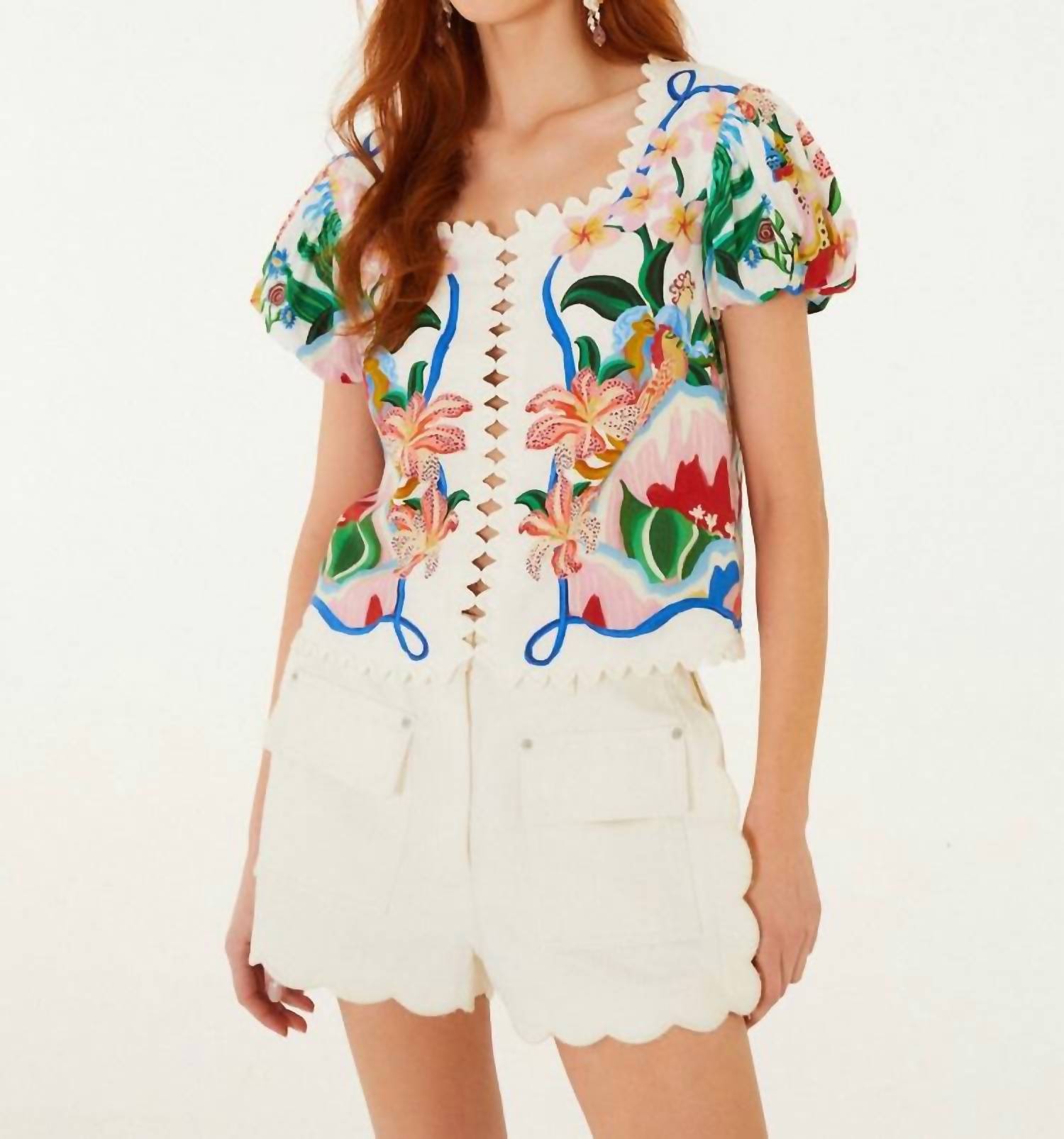 Farm Rio - Garden Of Life Scarf Short Sleeve Blouse