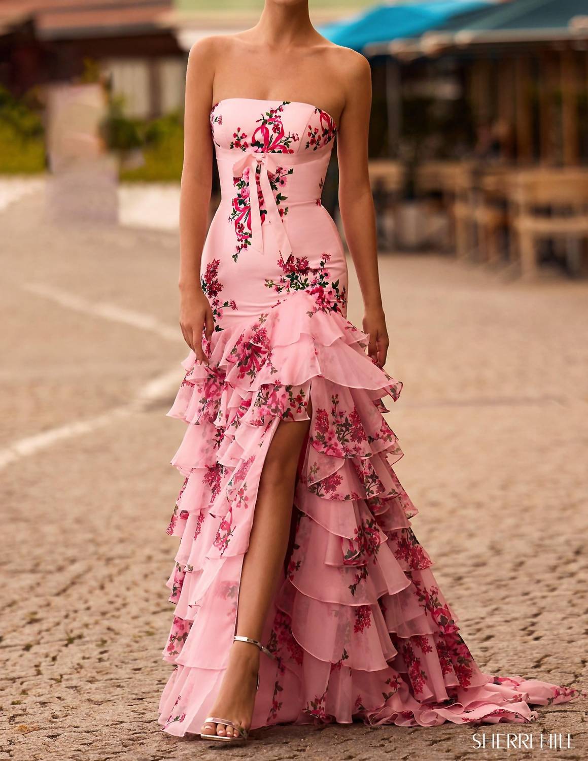 Sherri Hill Strapless Floral Taffeta Mermaid Gown in pink print - women's dress - alternate view