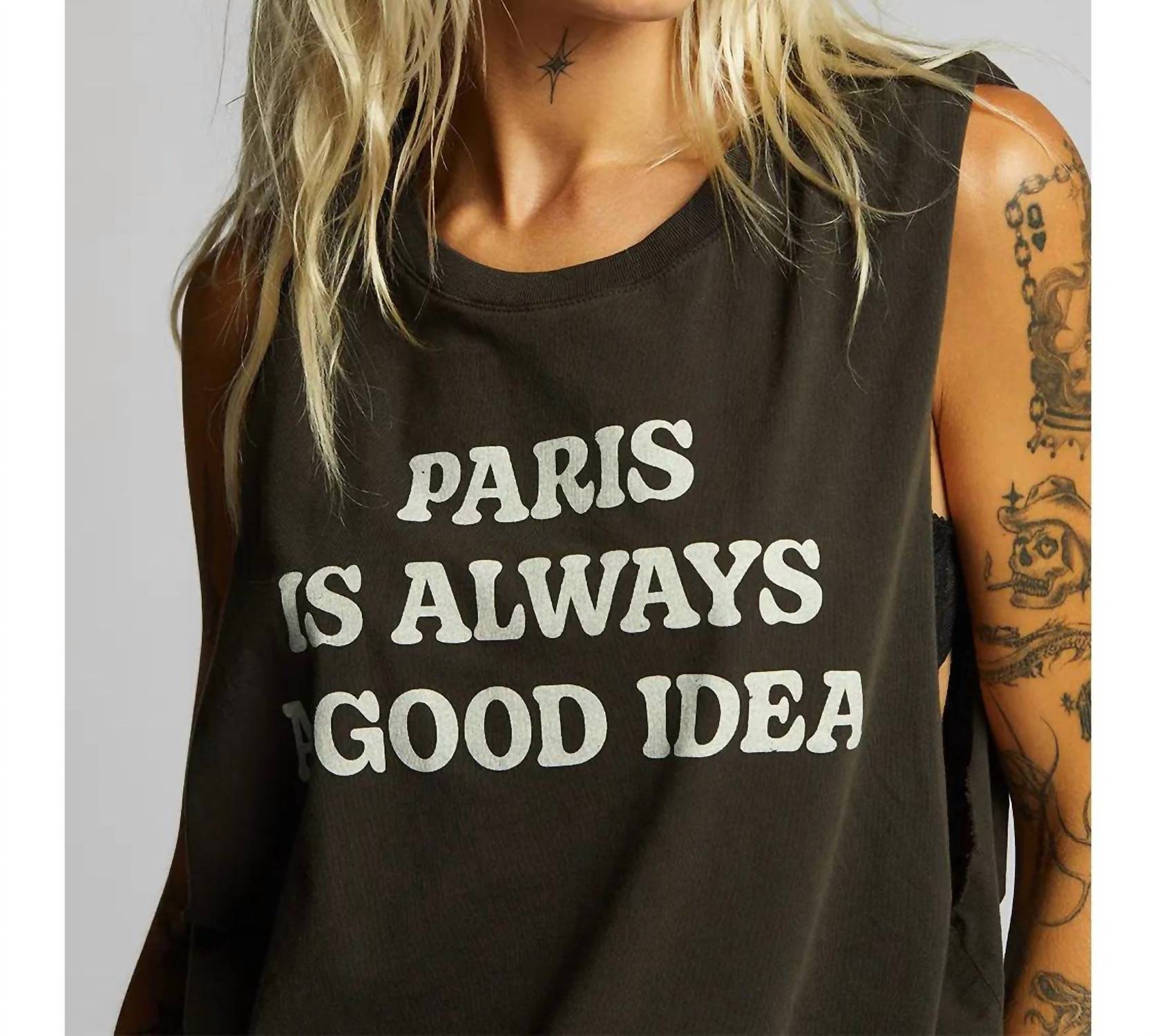 Recycled Karma Paris Muscle Tank Top in vintage black - women's tank top - detail view