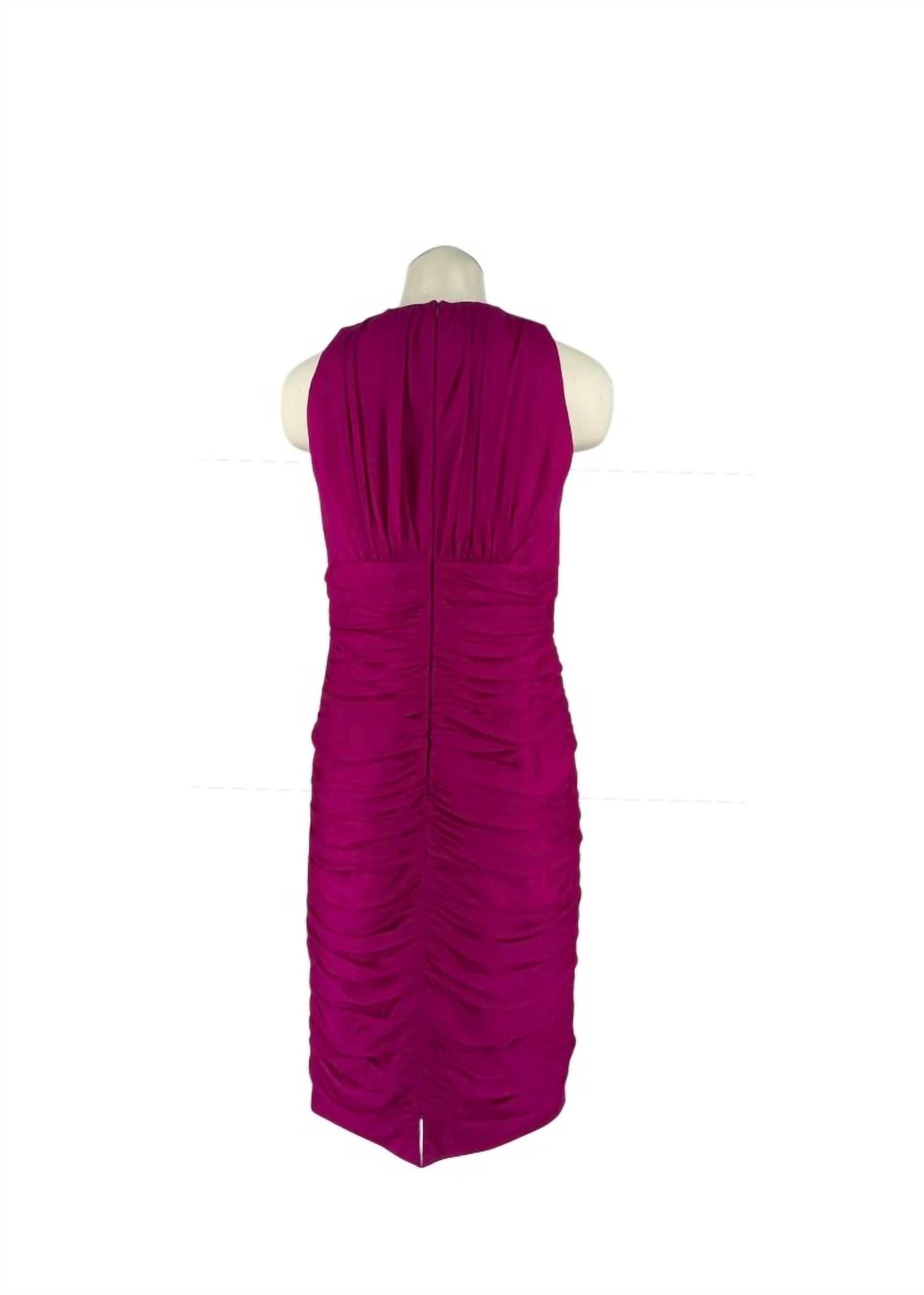 Carmen Marc Valvo Women's Sleeveless Cinched Midi Dress in fuchsia - women's dress - detail view