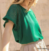 Umgee - Linen Blend Floral Crochet Sleeve Top
