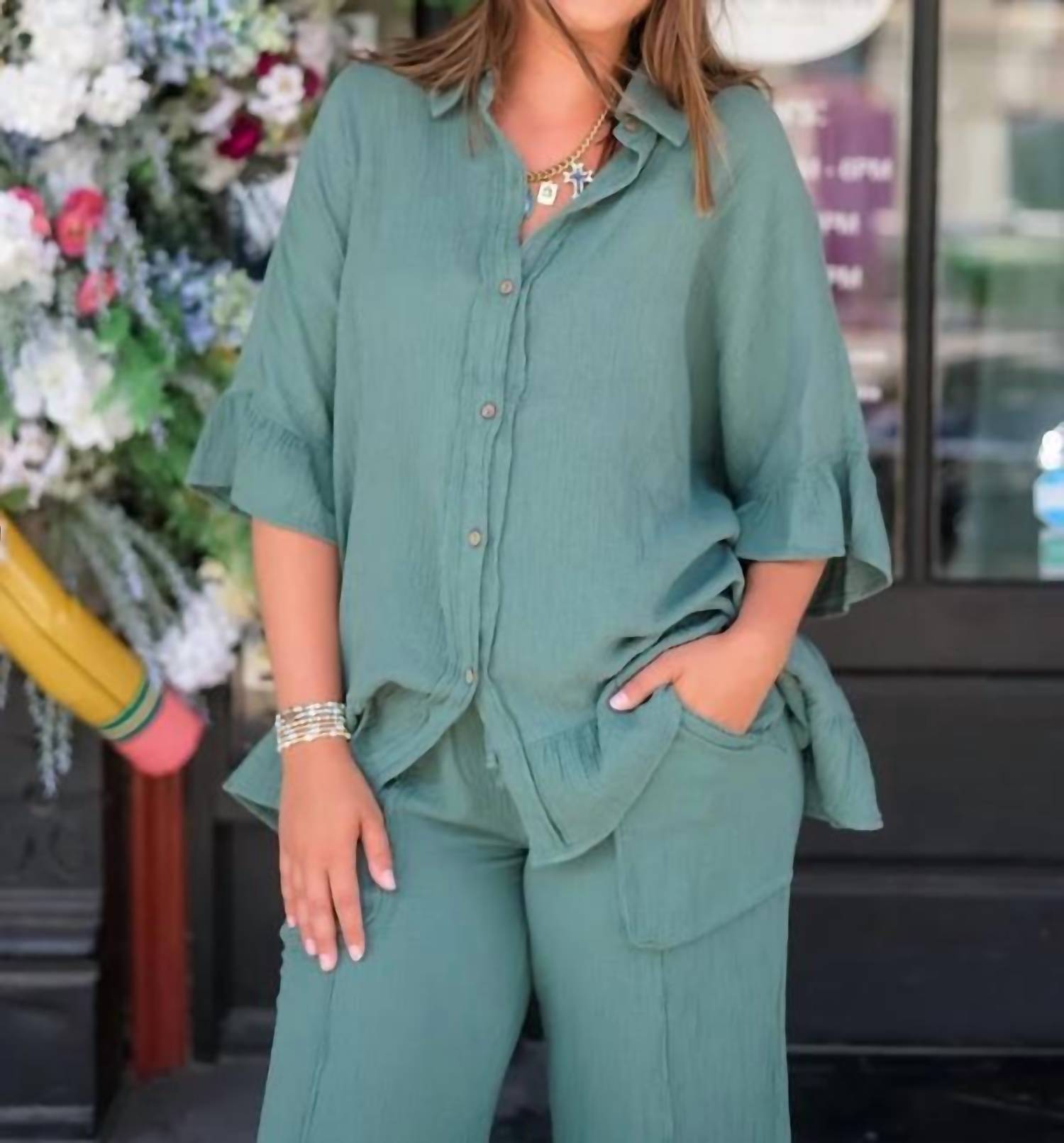 Easel - Earthy Charm Ruffle Blouse