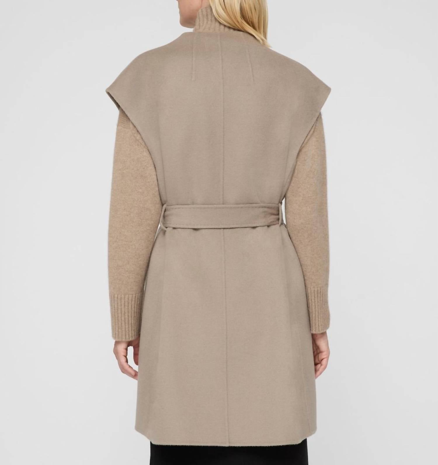 Lafayette 148 Double Face Open Front Belted Vest in hickory - women's cardigan - detail view
