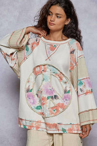 Pol - Crew Neck Printed Peace Patch Overlock Stitch Knit Top