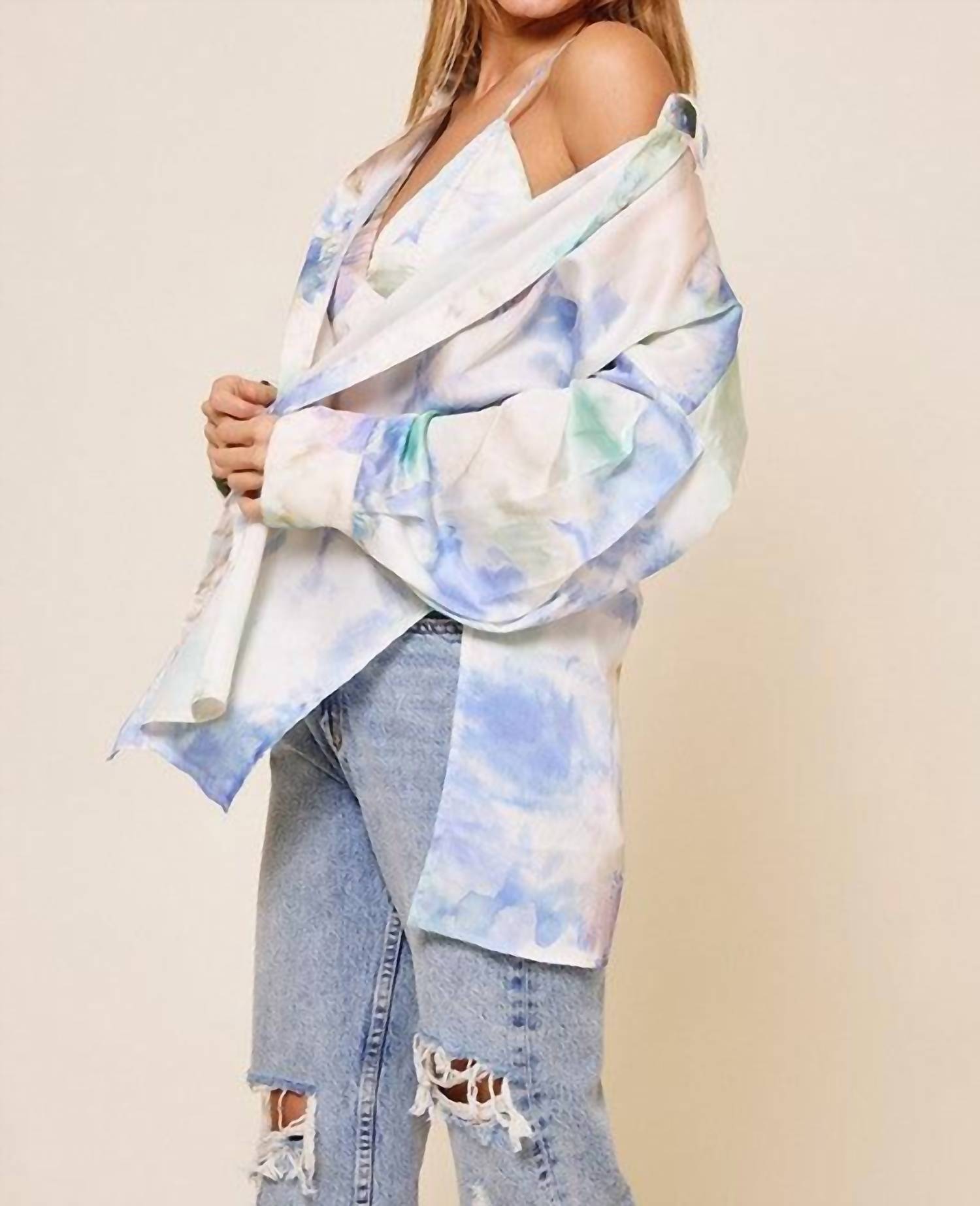 Ces Femme - Monica Tie Dye Print Boyfriend Satin Shirt and Matching Crop Top