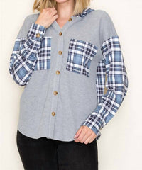 Staccato - Waffle Knit Plaid Contrasted Button Up Hooded Top
