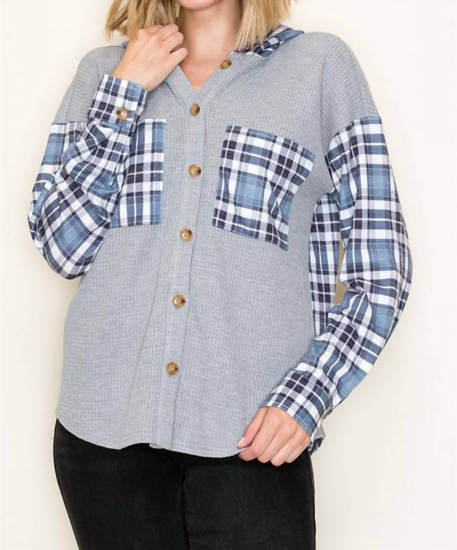 Staccato - Waffle Knit Plaid Contrasted Button Up Hooded Top