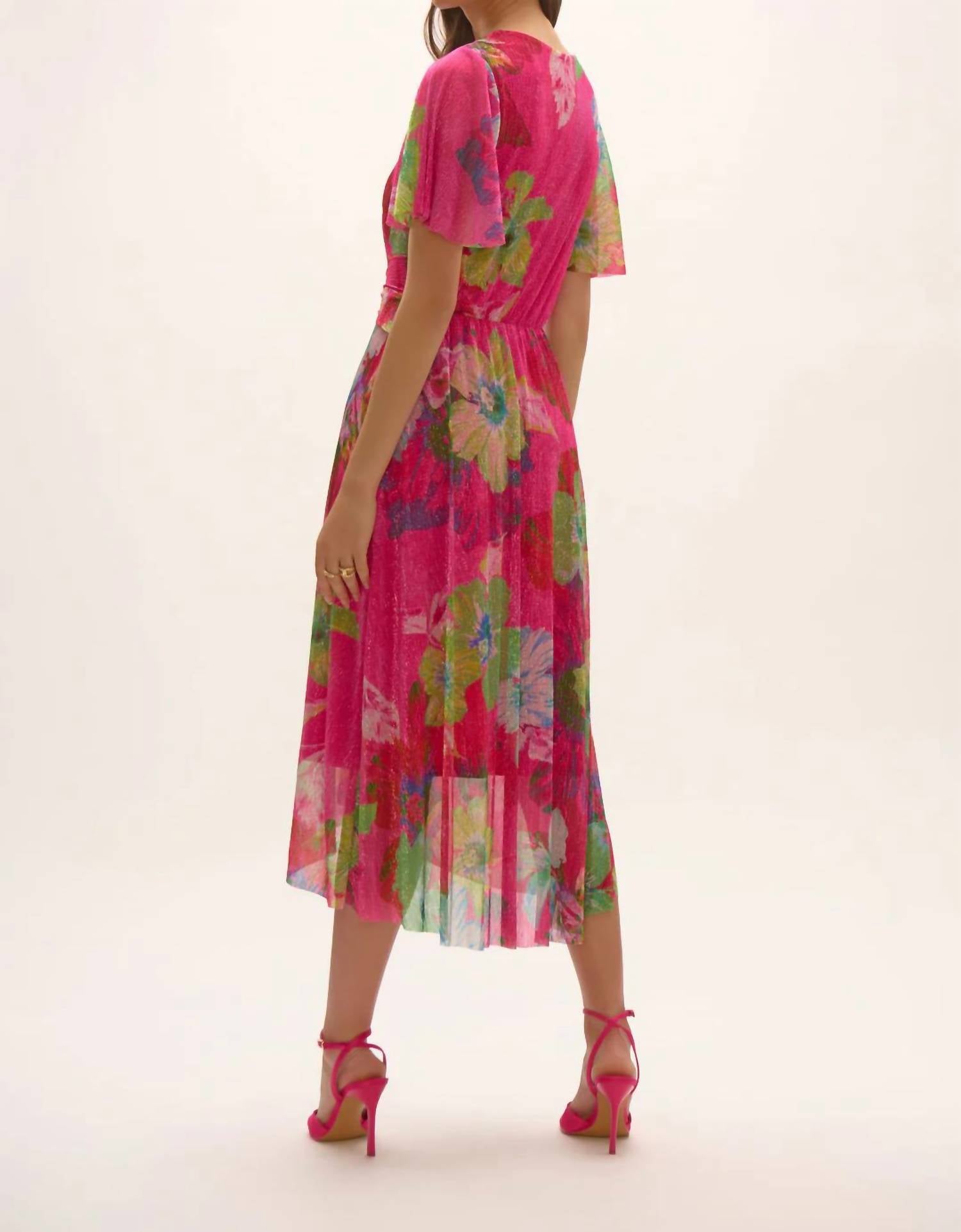 Joseph Ribkoff Crinkle And Mesh Floral Print Fit And Flare Dress in multi - women's dress - detail view
