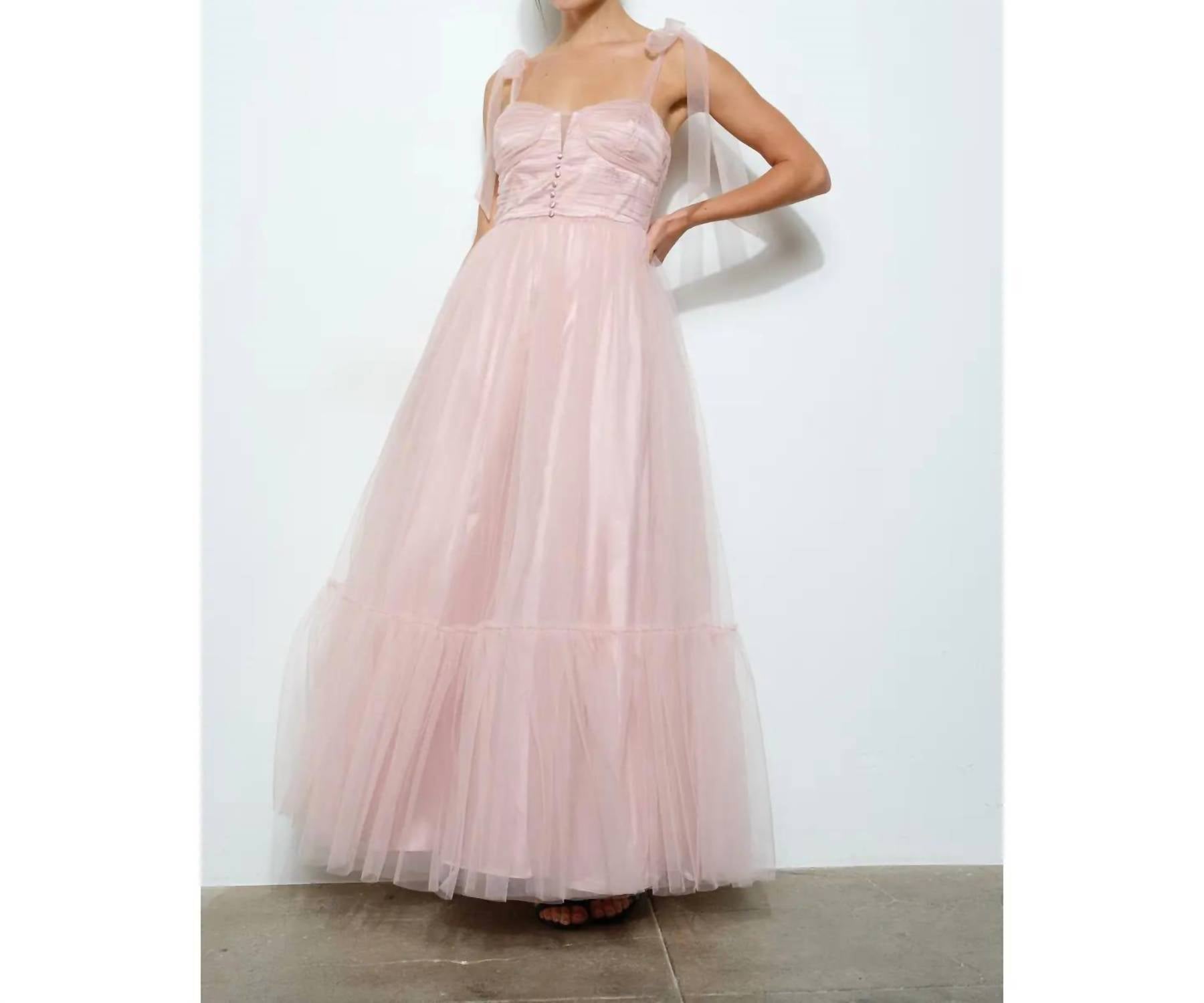 Ina Fashion - Bow Tie Straps And Lace Up Back Tulle Maxi Dress