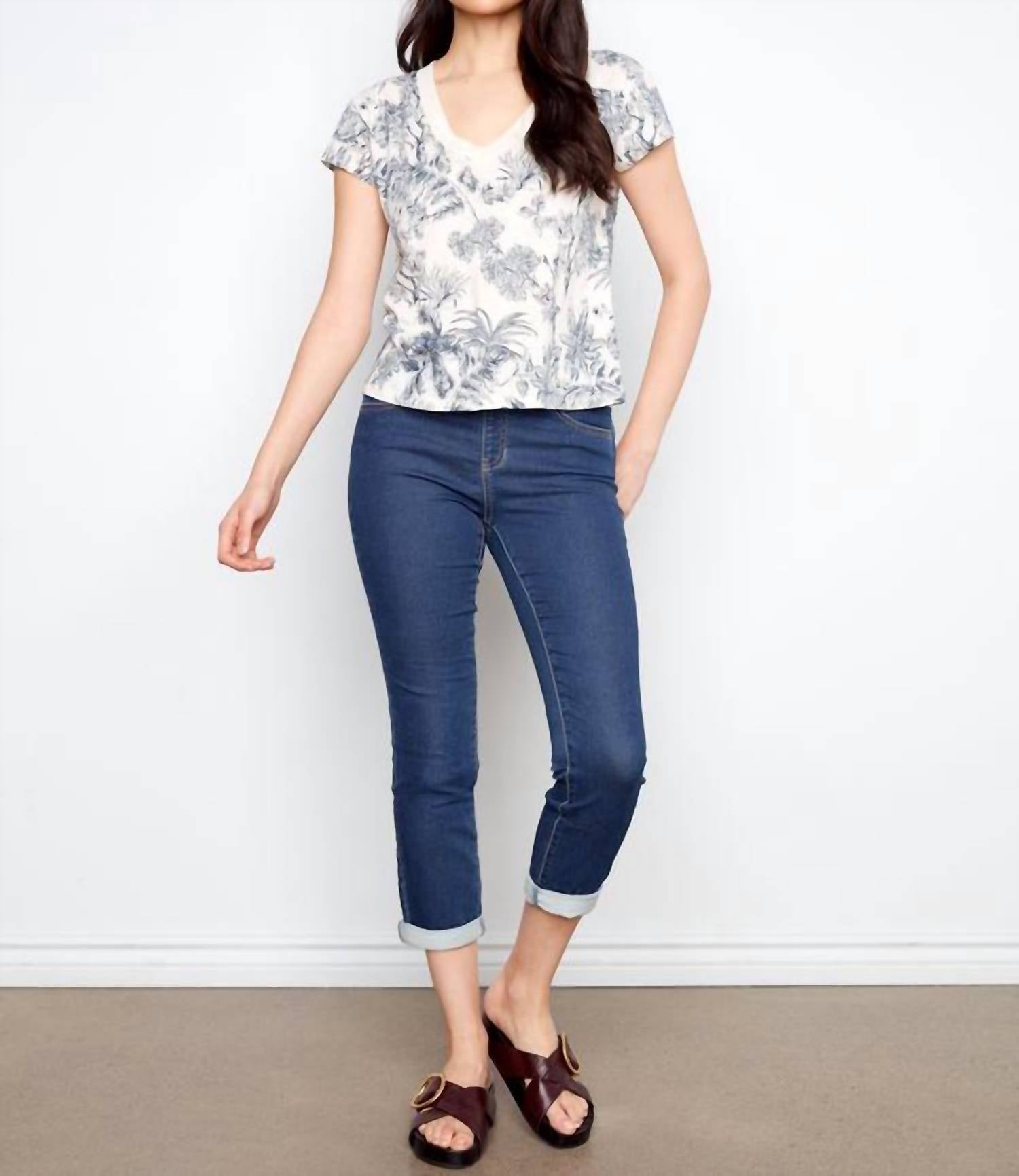 CHARLIE B Organic Cotton Drop Shoulder Short V-neck T-shirt in versailles - women's t-shirt - view 5