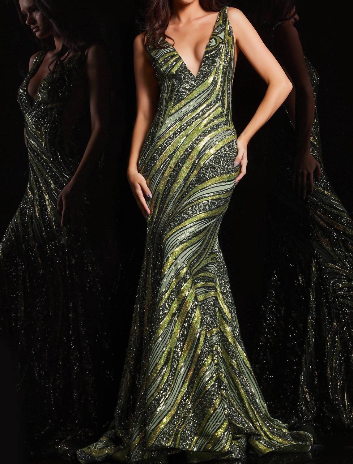 JOVANI Sequin Mermaid Prom Dress in olive lime - women's dress