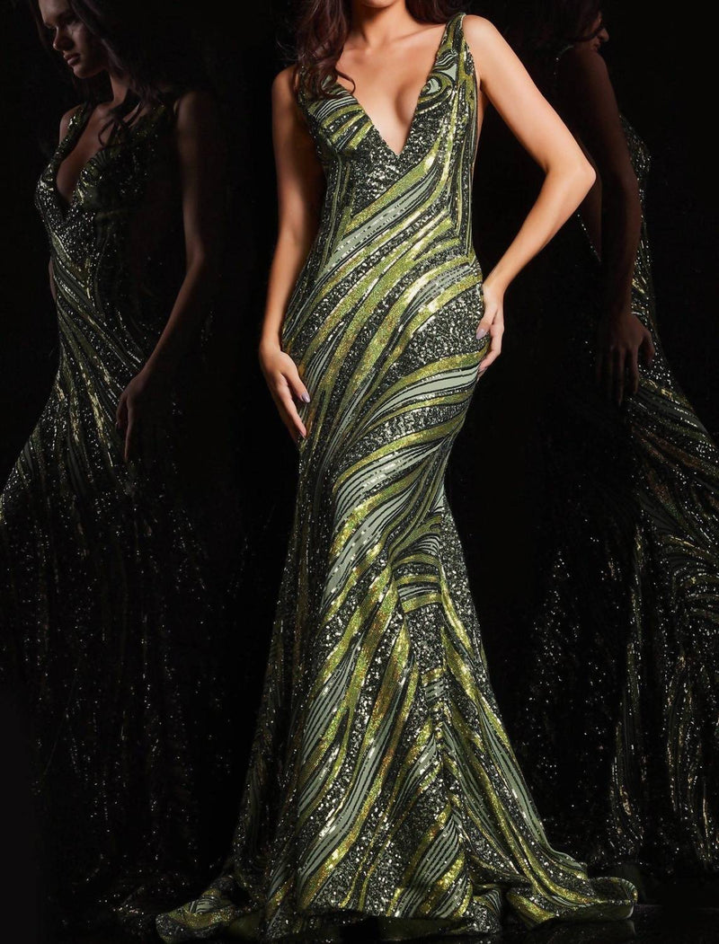 JOVANI Sequin Mermaid Prom Dress in olive lime - women's dress