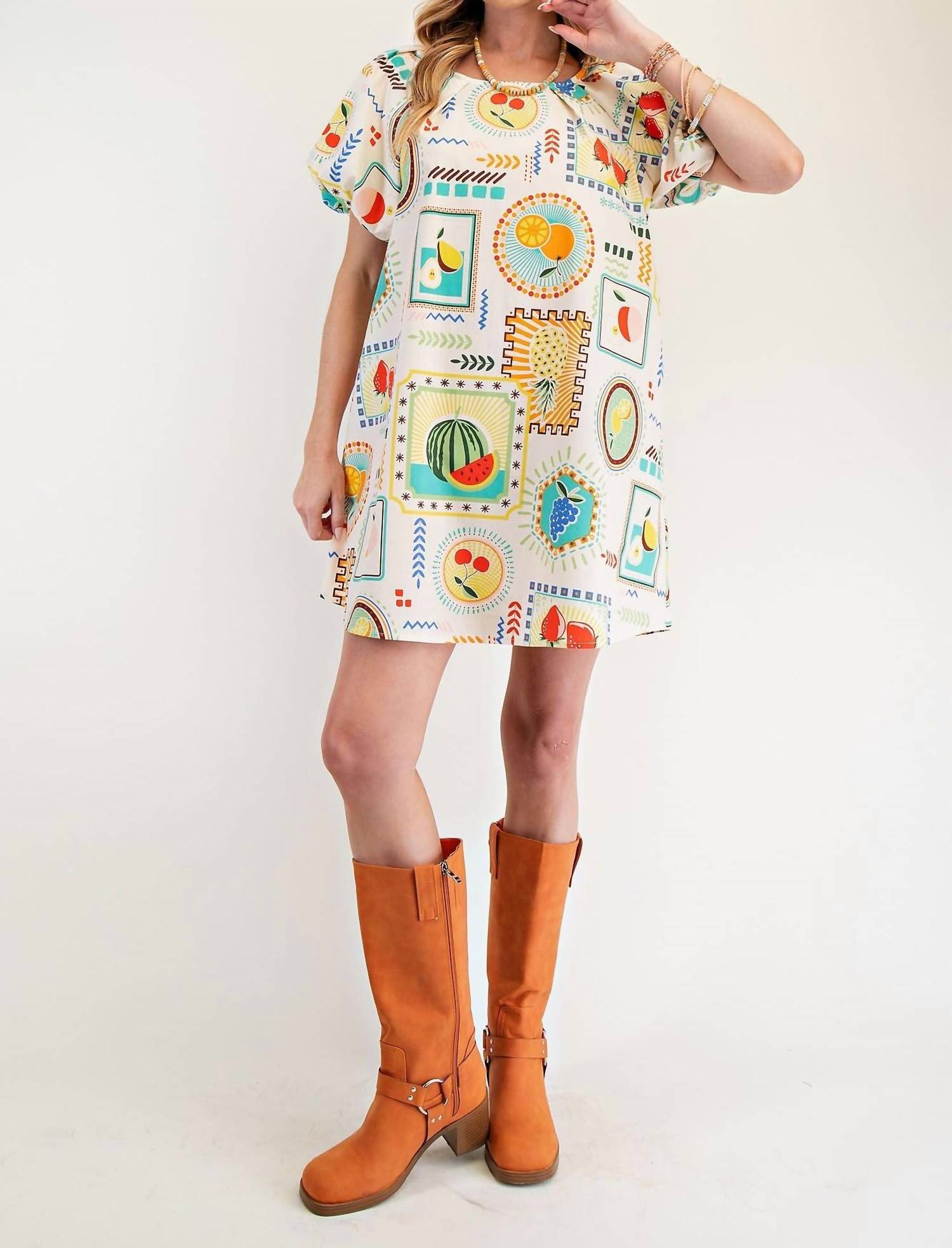 Easel - Fruit Pattern Short Sleeve Mini Dress