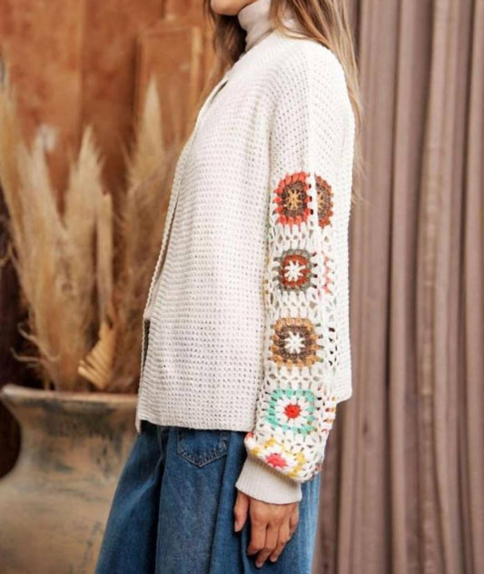 Davi & Dani - Crochet Floral Printed Long Sleeve Knit Cardigan