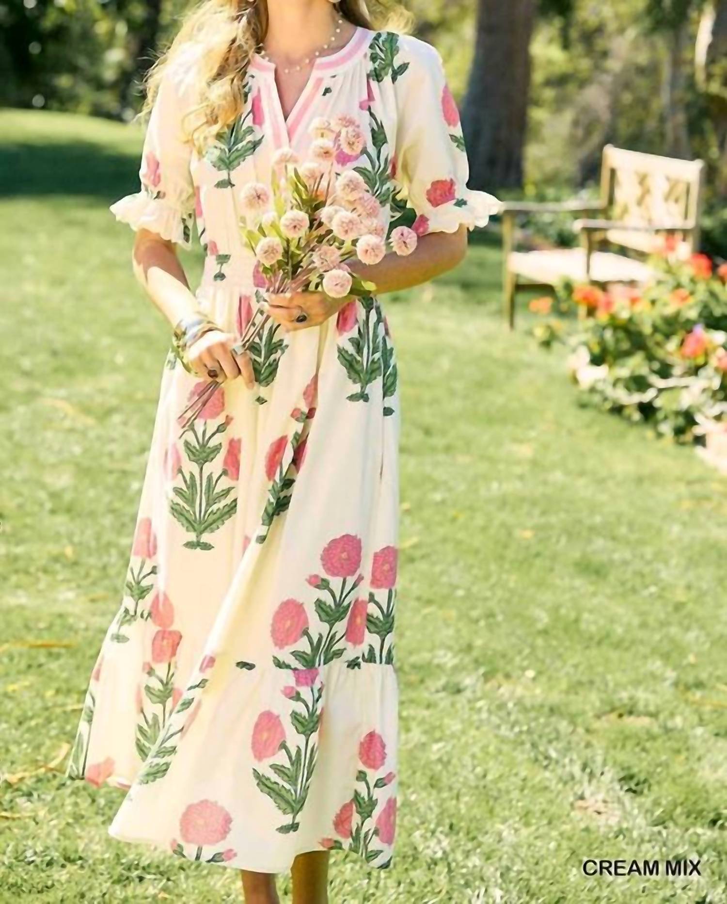 Umgee - Floral Smocked Waist Tiered Midi Dress