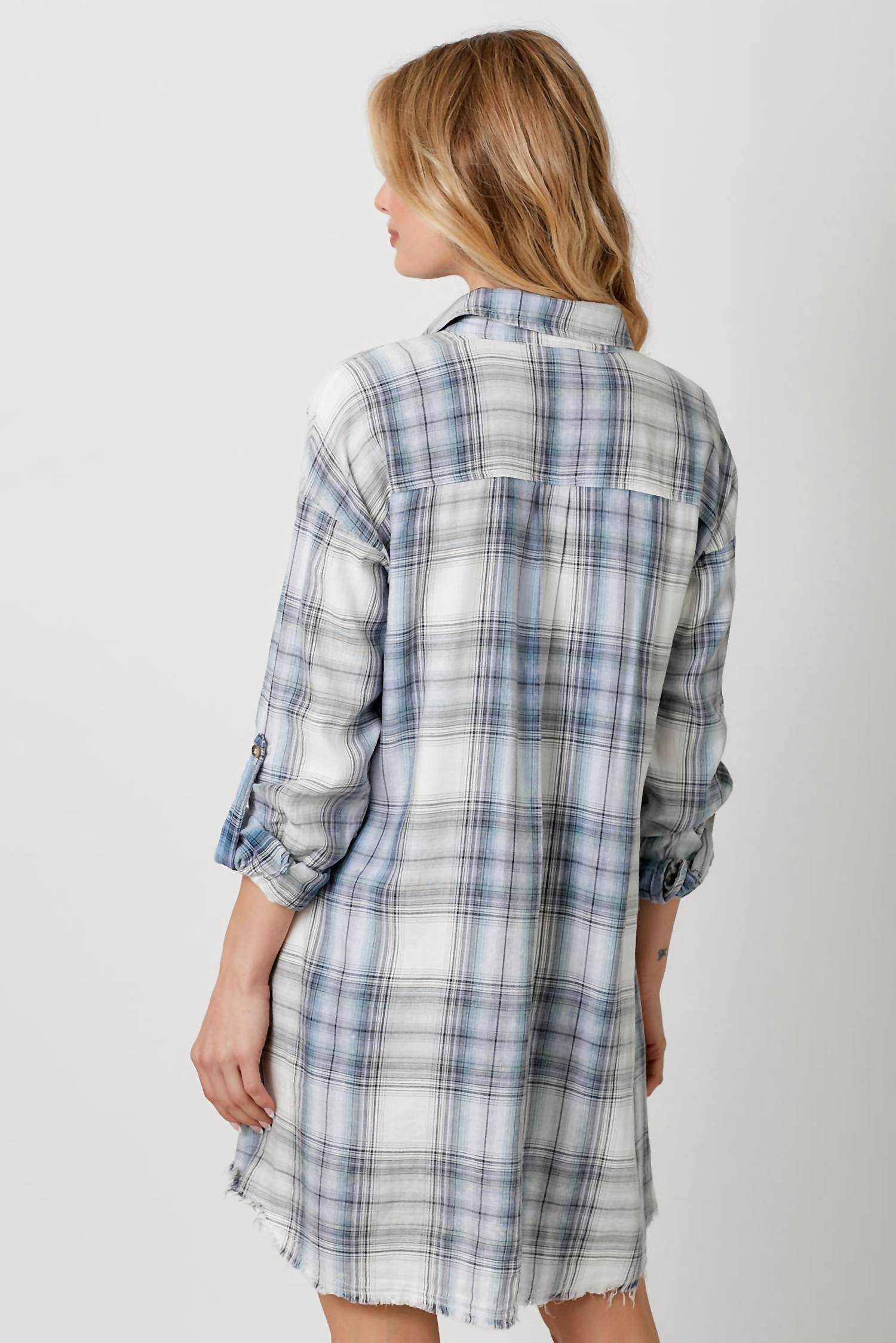 Mystree - Rolled Up Sleeve Washed Plaid Mini Dress
