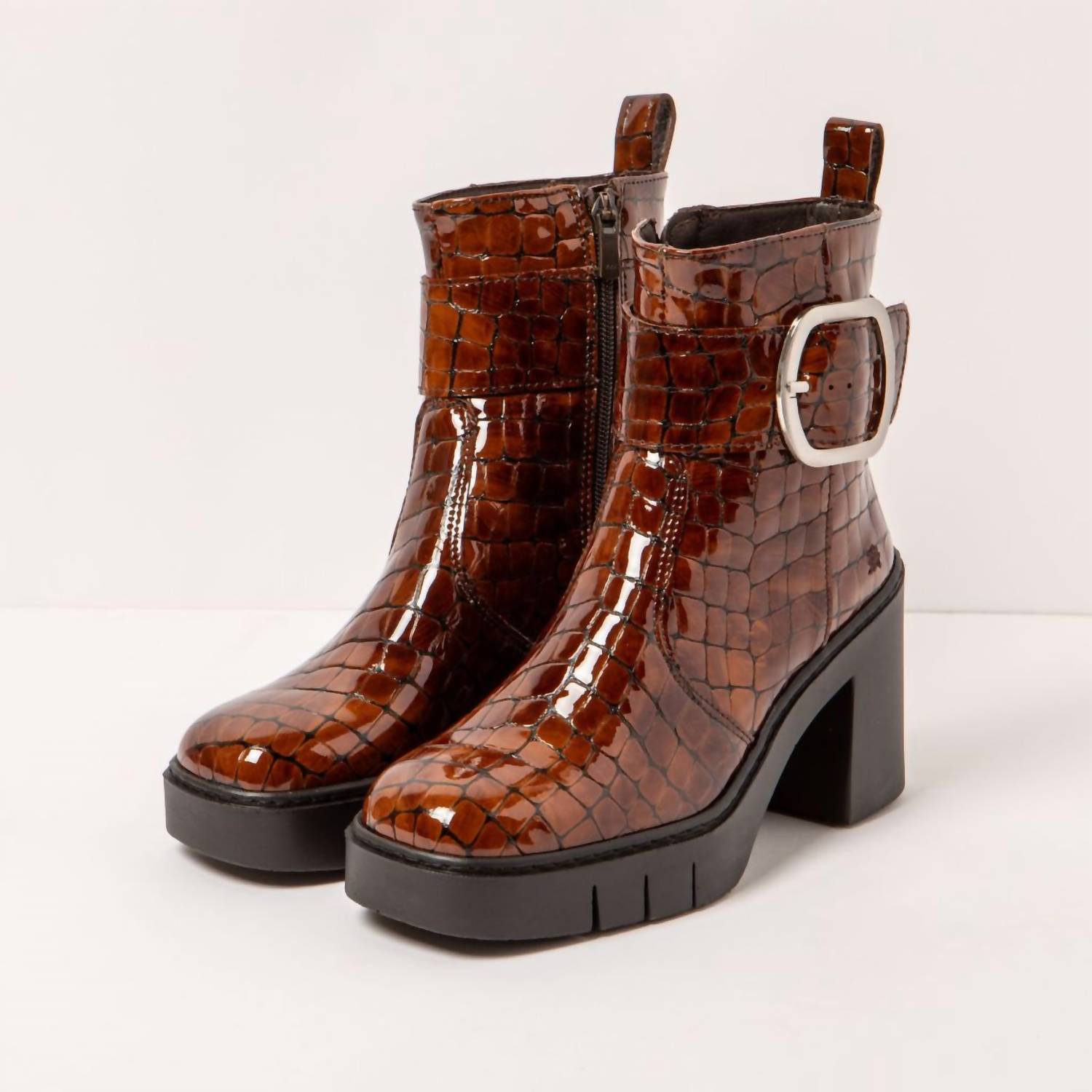 The ART Company Women's 1979 Block Heel Boots in tan patent croc - women's shoe - detail view
