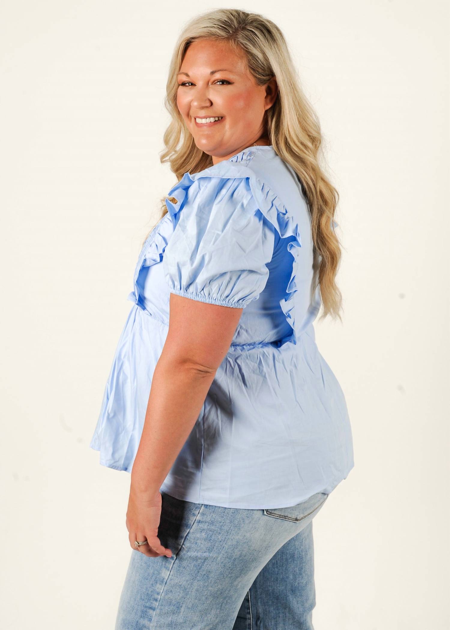 SHE + SKY Pintuck Short-sleeved Perfection Top in blue - women's blouse - alternate view