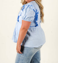 SHE + SKY Pintuck Short-sleeved Perfection Top in blue - women's blouse - detail view