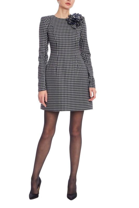Badgley Mischka - Plaid Long Sleeve Floral Mini Dress