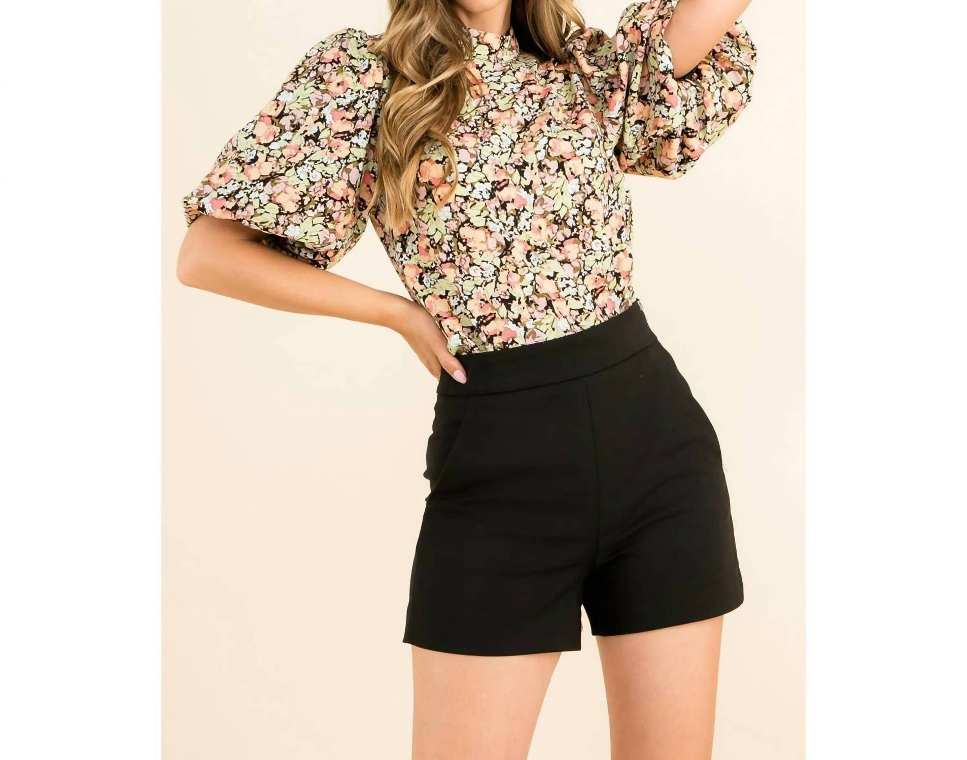 Thml - Floral Print Puff Sleeve High Neck Top With Short Sleeve