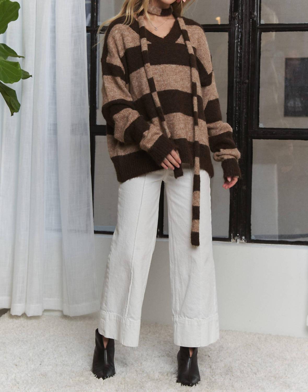 ADORA Stripes Knit Sweater With Scarf in brown stripe - women's sweater - view 5