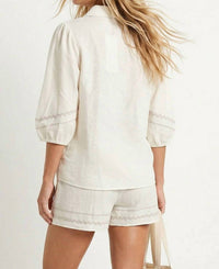 Naked Zebra - Contrast Trim Puff Sleeve Linen Blouse