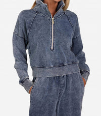 MICHAEL LAUREN Mortimer Raglan Half Zip Sweatshirt in faded denim - women's top