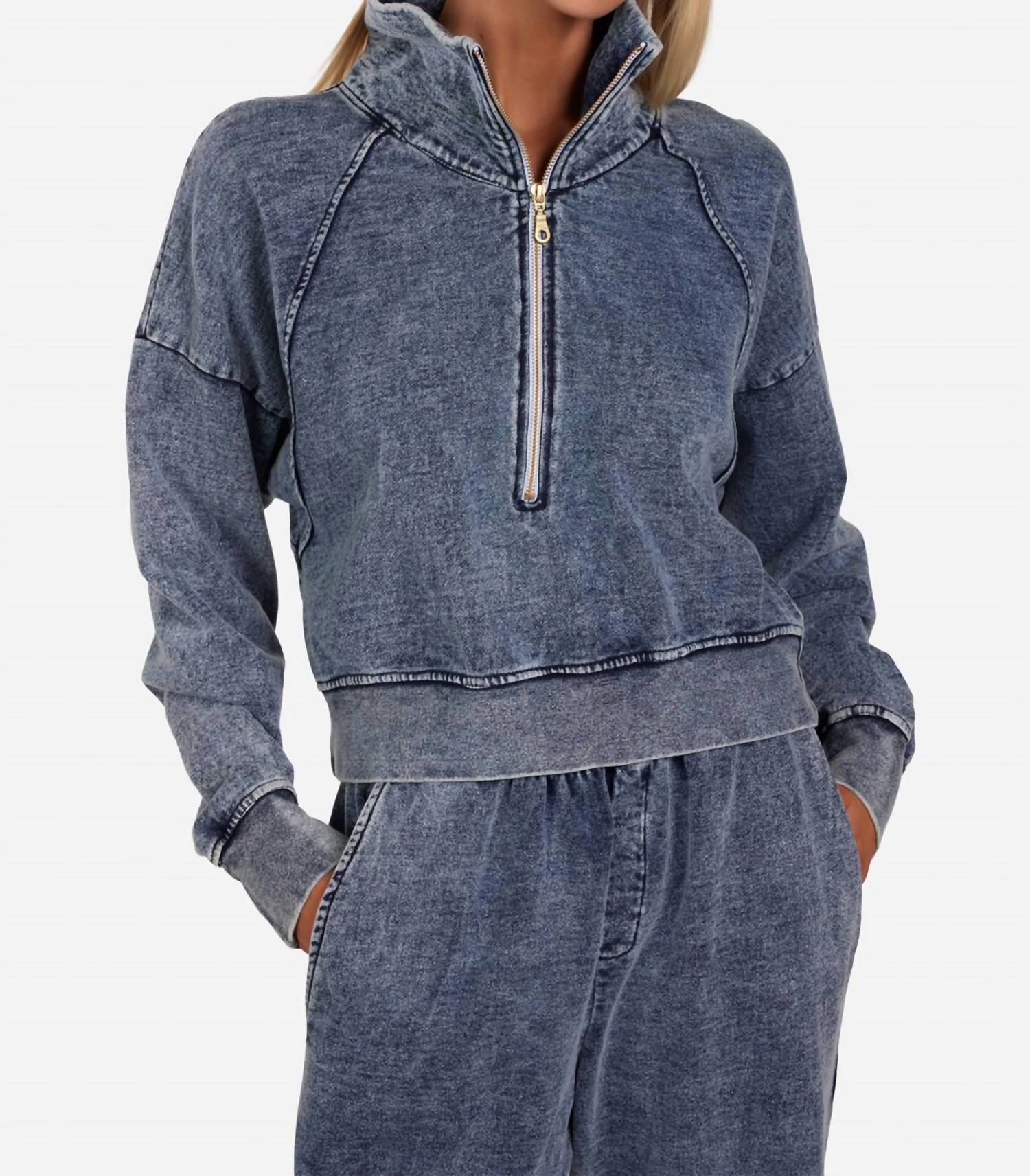 MICHAEL LAUREN Mortimer Raglan Half Zip Sweatshirt in faded denim - women's top