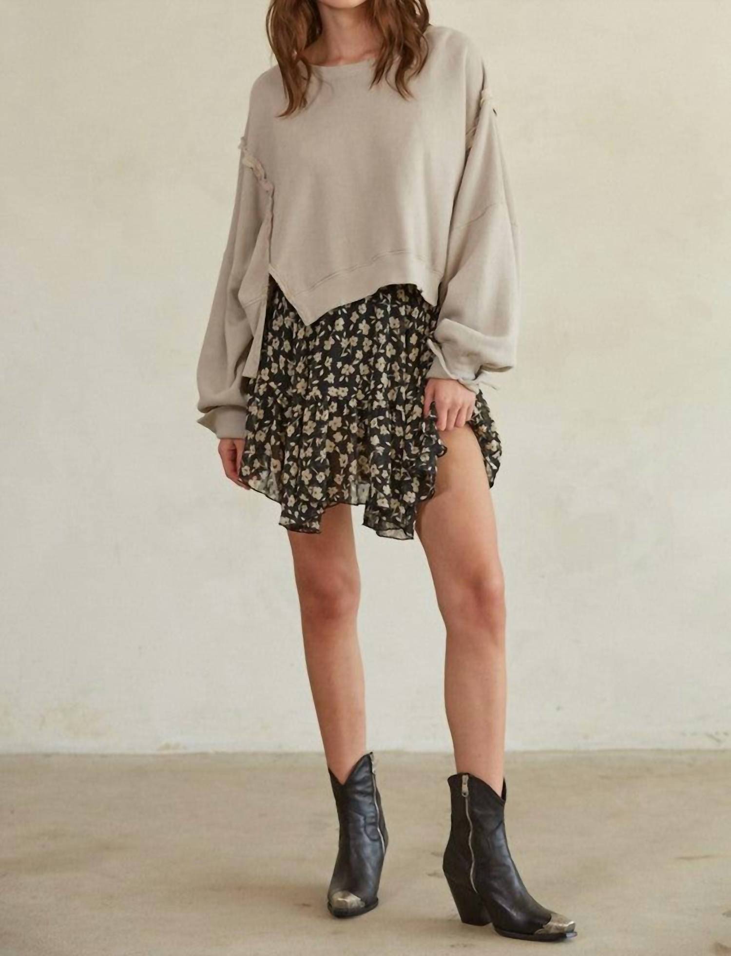 By Together Cropped Sweatshirt With Cuffed Sleeve in light taupe - women's top - detail view