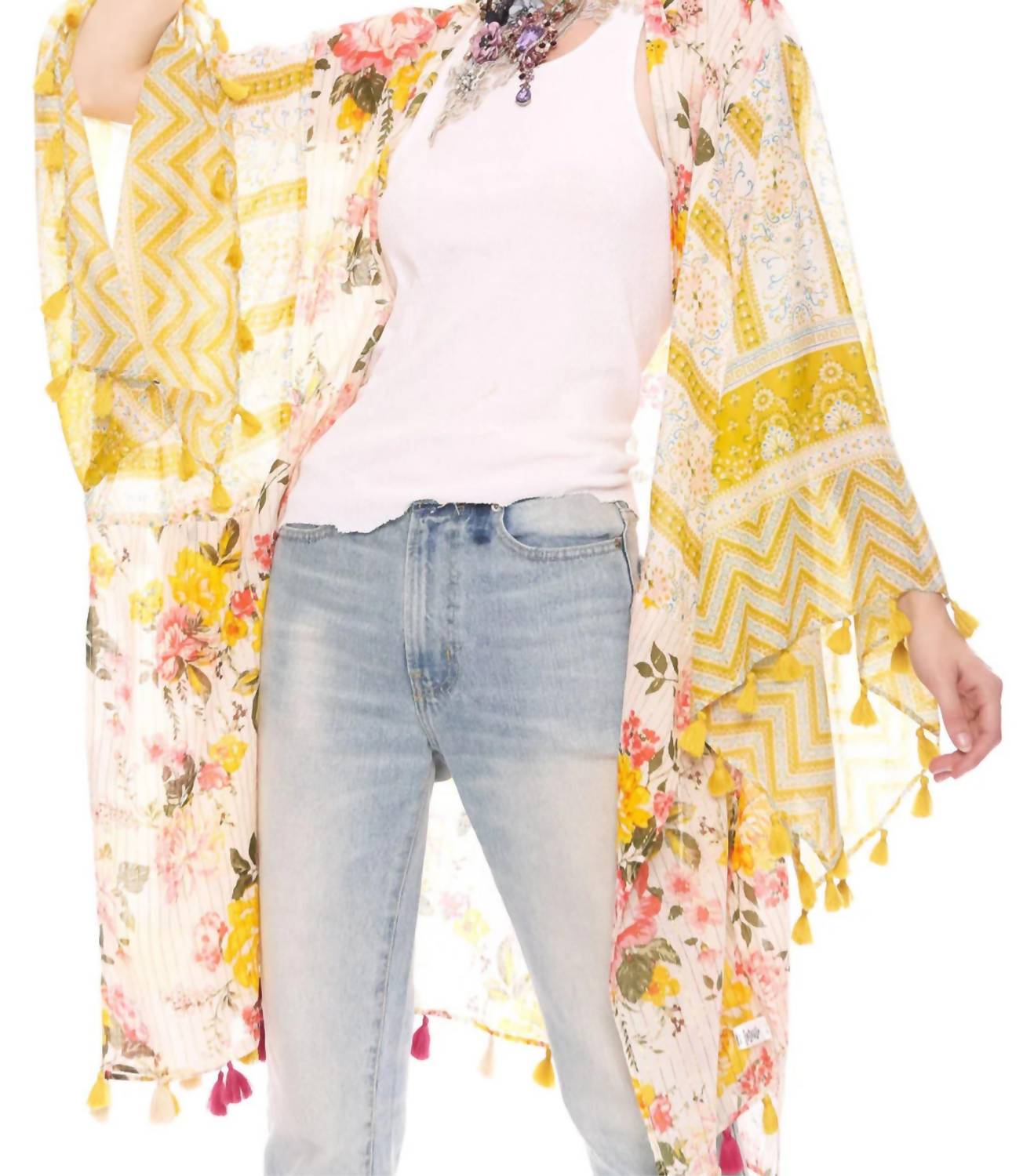 Aratta Floral Print Metallic Stipe Kimono in mustard - women's cardigan - alternate view