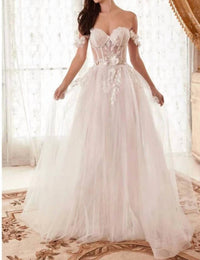 Cinderella Divine - Nova Off Shoulder Bustier Floral Applique Tulle Wedding Dress