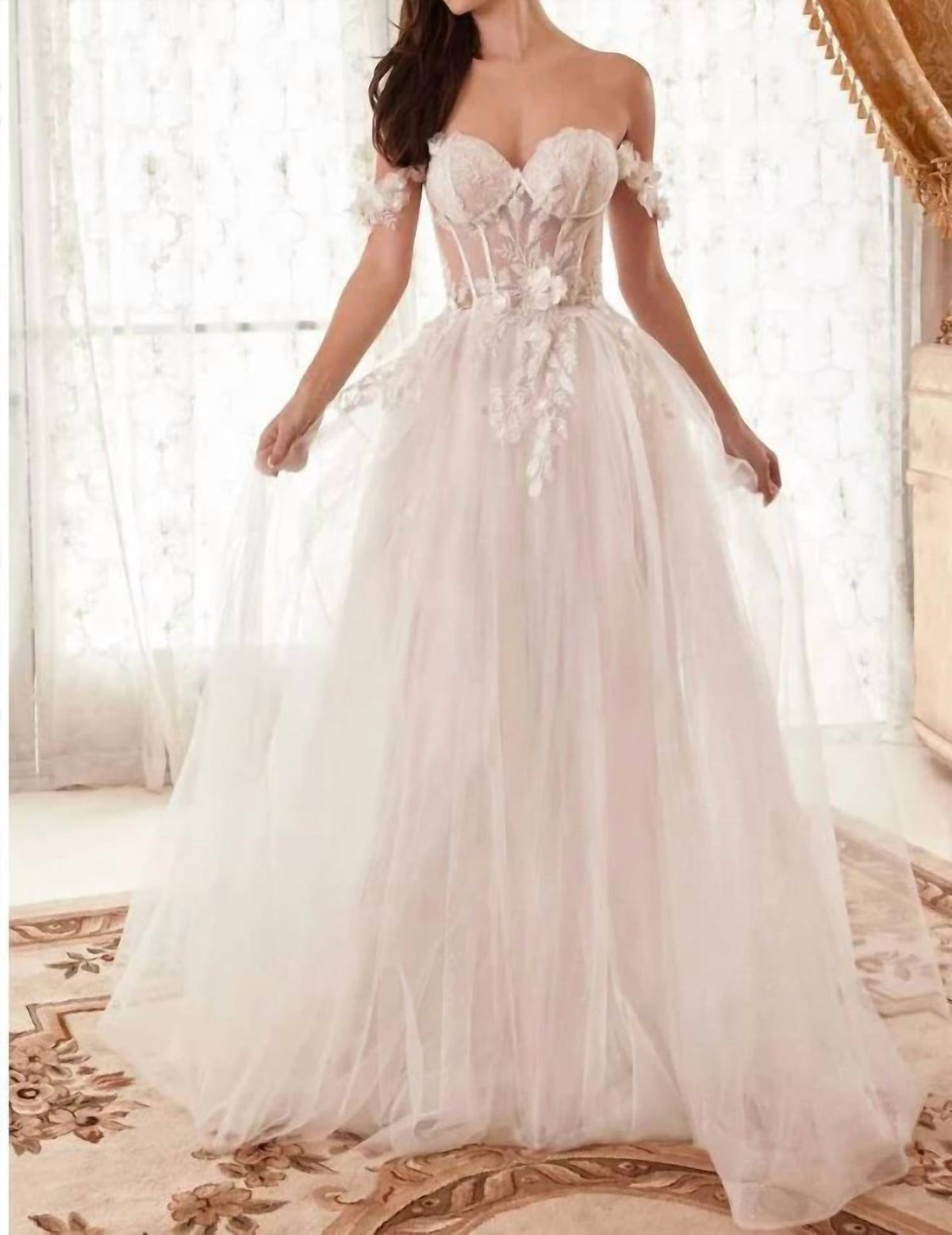 Cinderella Divine - Nova Off Shoulder Bustier Floral Applique Tulle Wedding Dress