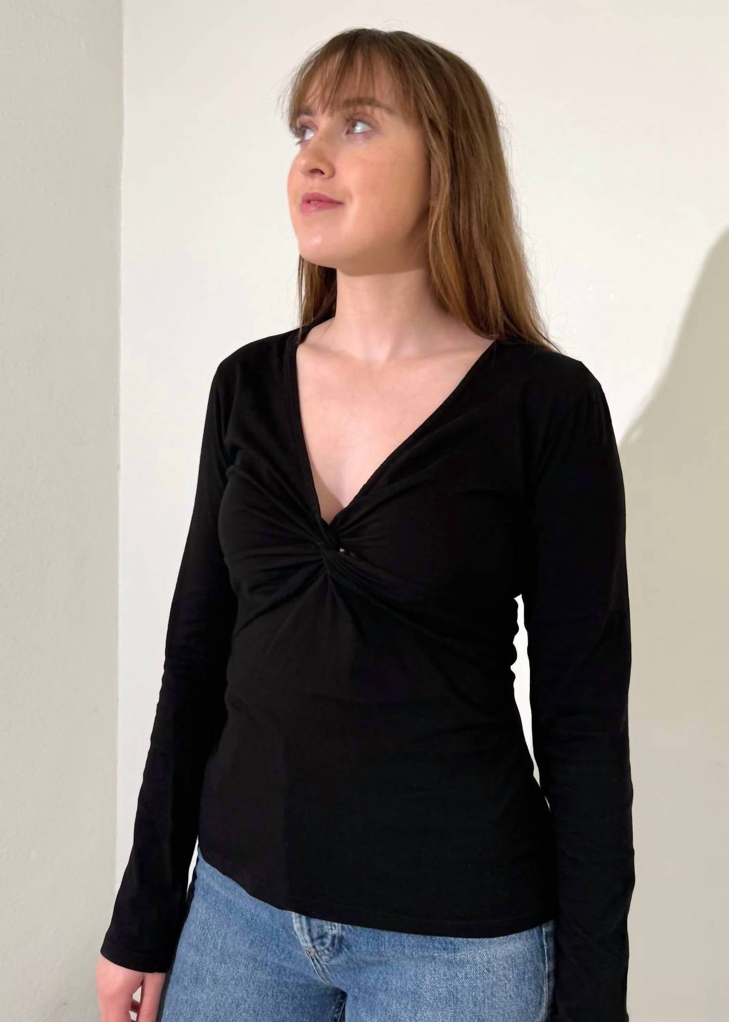 bobi Front Knot Long Sleeve Tee in black - women's long sleeve top - alternate view