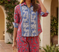 Karen Kane - Ruched Sleeve Border Print Shirt