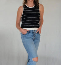 Miou Muse - SHORT SLEEVE WIDE PINSTRIPED KNITTED TOP